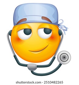 Médico emoji no fundo branco. Emoticon com tampa médica e statoscópio. Emoticon bonito