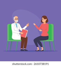 Doctor engaged in conversation with patient, holding file and gesturing, while patient listening attentively