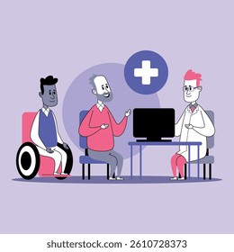 Doctor engaged in conversation with two patients in contemporary clinic. Patient seated in wheelchair while another listening attentively. Medical care concept