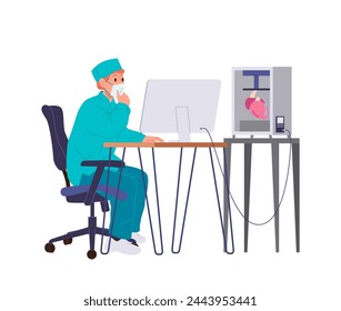 Doctor engineer cartoon character printing three-dimensional model of human heart or 3d printer