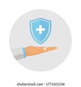 Doctor ensures safety and protection during coronavirus pandemic concept. Medical and Healthcare Insurance Logo. esp 10