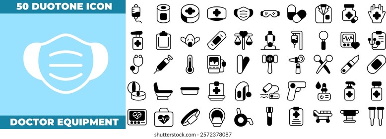 Doctor Equipment Duotone Editable Icons set. Vector illustration in modern thin duotone style of doctor equipment icons: hospital, healthcare, medical instruments, et