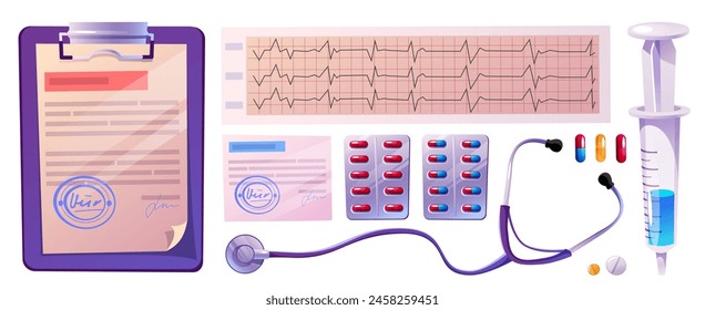 Equipo médico y Elementos de trabajo para diseño de vista de escritorio. Vector de dibujos animados conjunto de documentos en papel o receta, resultados de la prueba de cardiografía y estetoscopio, medicina y jeringa.