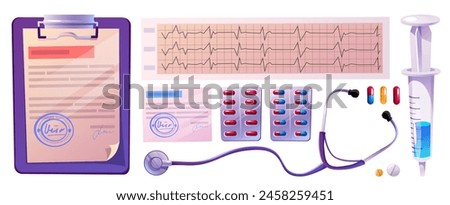 Doctor equipment and working elements for desk top view design. Cartoon vector set of paper documents or prescription, cardiogram examination test results and stethoscope, medicine and syringe.