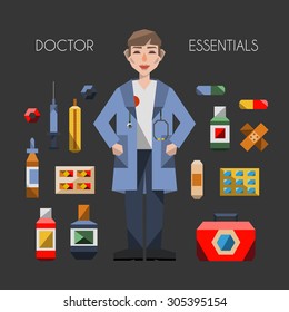 doctor essentials first aid kit tools instruments medical supplies profession flat vector people  items icons objects