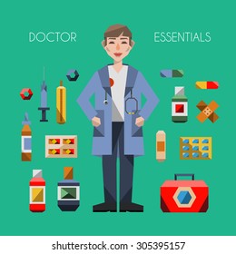 doctor essentials first aid kit tools instruments medical supplies profession flat vector people  items icons objects