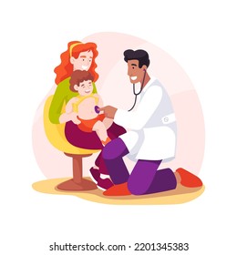 Examen médico aislado ilustración vectorial de dibujos animados. Examen físico, médico con estetoscopio, médico familiar, visita a una clínica, salud infantil, diagnóstico médico de dibujos animados vectores.