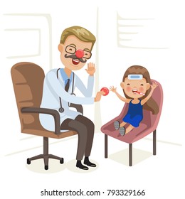 Doctor examination and little girl is sick. Red Nose Day, health workers wearing a red nose and interacting with children. Doctors Day, doctors both alone and with patients. Vector  illustration.