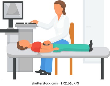 Doctor examine childs health by ultrasound, vector illustration. Medical treatment, scan cartoon patient, sonography equipment. Professional diagnostic belly, scanner technology in hospital.