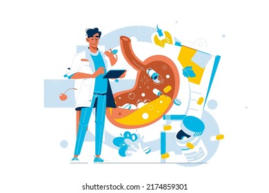 Doctor Examine Disease And Treat Stomach Vector Illustration. Checkup, Xray Diagnosis Flat Style. Gastroenterology, Medicine, Health Concept