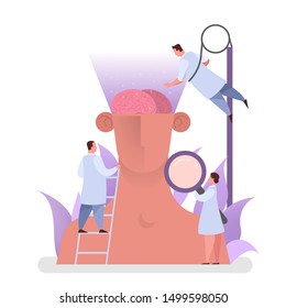 Doctor examine huge brain in human head. Idea of medical treatment and healthcare. Treating headache and migraine. Vector illustration in cartoon style