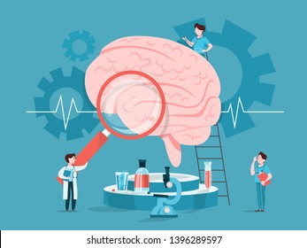 Doctor examine huge brain. Idea of medical treatment and healthcare. Treating headache and migraine. Vector illustration in cartoon style