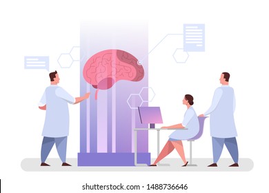 Doctor examine huge brain. Idea of medical treatment and healthcare. Treating headache and migraine. Vector illustration in cartoon style