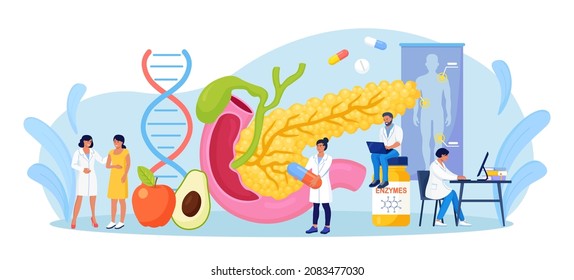 Doctor Examine Patient, Treat Pancreatitis. Gastroenterologist Diagnose Pancreas Inflammation. Diet And Enzymes For Digestive System Disease Treatment. Internal Organs Cancer. Vector Illustration