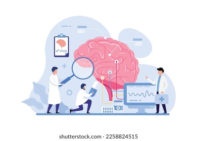 El médico examina y trata el cerebro humano y el sistema nervioso. Ilustración vectorial del concepto de diseño neurológico