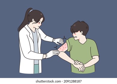 Doctor examine unhealthy boy with red spots or inflammation on arm. Nurse checkup guy with psoriasis or eczema on hand. Hospital seasonal allergy treatment. Healthcare. Flat vector illustration. 