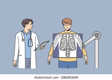 Doctor examine unhealthy male patient standing on xray machine testing body. Man get organism checked on X ray in clinic or hospital. Medicine, healthcare concept. Flat vector illustration. 