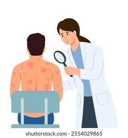 Doctor examine unhealthy man with red spots or inflammation on back. Atopic dermatitis, eczema, psoriasis, dry skin. Skin problems. Healthcare. Flat vector illustration.