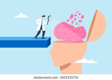 Doctor examines amnesia patient brain using magnifying glass, illustrating memory loss, dementia disorders and alzheimer disease. Concept of mental illnesses, psychology and anxiety