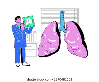 El Doctor examina los grandes pulmones. Ilustración vectorial al estilo neobrutalismo. El pulmonólogo realiza investigaciones sobre los pulmones. Enfermera y sostiene un análisis de instantánea