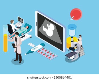 Doctor examines the blood under a microscope, conducts a urine analysis with a pH test, records the results 3d vector illustration concept