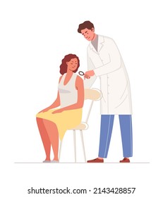 Doctor examines changes in patient's skin through magnifying glass. Consultation and diagnostics of dermatological diseases. Characters in colored flat vector illustration.