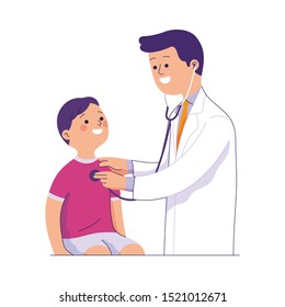 doctor examines the chest of a small child with a stethoscope, the cheerful-faced child is examined by the doctor to check the child's health