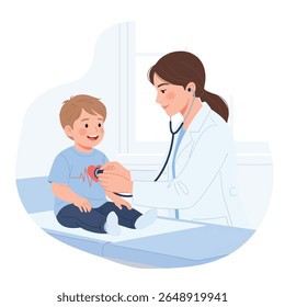 Um médico examina uma criança com um estetoscópio.  Interação amigável entre cuidador e paciente.