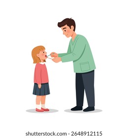 Um médico examina a garganta de uma criança com um depressor de língua.  Interação amigável entre um profissional de saúde e um paciente jovem.