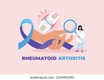 Doctor examines a crooked fingers by holding a magnifying glass. Inflamed joint on hand. Blued and purple ribbon. World Rheumatoid Arthritis day poster. Vector illustration in cartoon style.