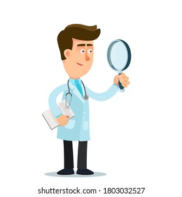 Doctor examines the disease. Therapist look through a magnifying glass. Medical examination by a doctor. Vector illustration, flat cartoon style, isolated background.