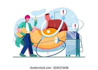 The doctor examines the disease and treats the stomach Illustration concept. Flat illustration isolated on white background.