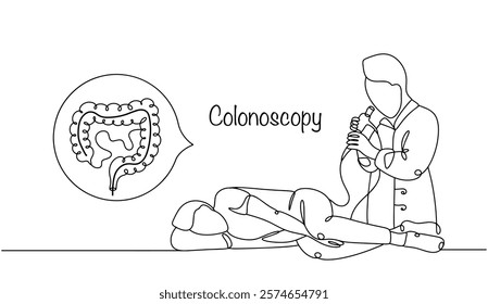 The doctor examines and evaluates the condition of the inner surface of the colon using an endoscope. Performing a colonoscopy. Simple vector illustration for different uses. 