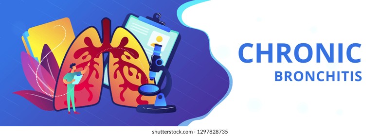 Doctor examines huge lungs desease and microscope. Obstructive pulmonary disease, chronic bronchitis and emphysema concept on white background. Header or footer banner template with copy space.