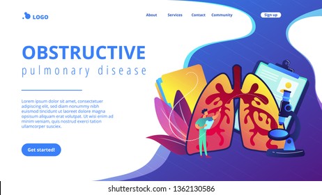 Doctor examines huge lungs desease and microscope. Obstructive pulmonary disease, chronic bronchitis and emphysema concept on white background. Website vibrant violet landing web page template.