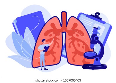 Doctor examines huge lungs desease and microscope. Obstructive pulmonary disease, chronic bronchitis and emphysema concept on white background. Pinkish coral bluevector vector isolated illustration