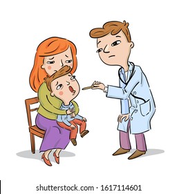 Doctor examines ill child being held by mother, watches his sore throat