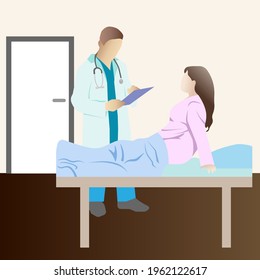 The doctor examines the lying patient. A female therapist in medical clothing. The concept of health protection. Vector illustration in a flat style.