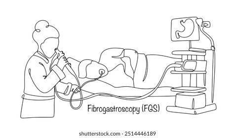 El médico examina los órganos del tracto gastrointestinal (esófago, estómago, duodeno) usando un gastroscopio. Procedimiento médico. Ilustración vectorial.