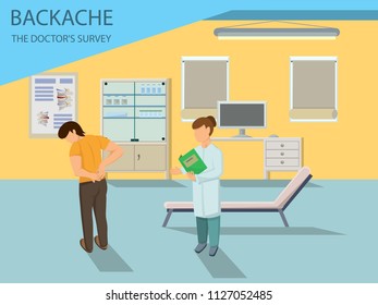 Doctor examines Patient with Back Pain. Visit the Hospital and Treatment of Spine. Treatment of Low Back Pain. Back Pain Medical concept. Doctor and Patient in Hospital. Vector Illustration.