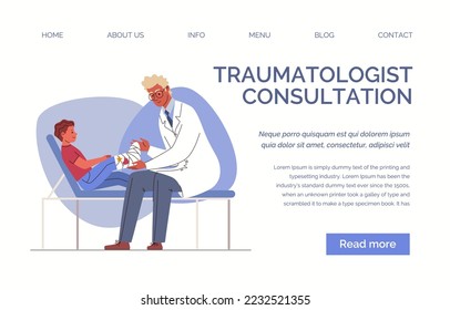 Doctor examines patient, child with broken leg is sitting on couch. Visit to traumatology. Vector characters flat cartoon illustration. Web template, landing page, website.