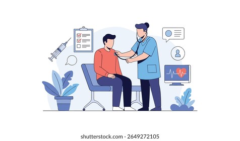 Doctor examines a patient in a clinic with medical equipment and health monitoring displays around them