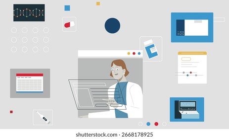 O médico examina os dados do paciente cercados por
 ícones, registros digitais, DNA e elementos de tecnologia de saúde em um design plano moderno.