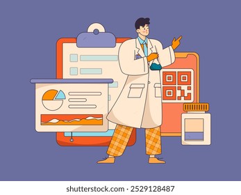 El médico examina la ilustración dibujada a mano de la operación del concepto de Vector plano del paciente
