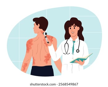 The doctor examines the patient's skin diseases using a dermoscope. Dermatological skin disease. Vector illustration in flat style