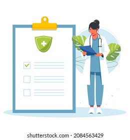 Doctor Examines The Report Of The Disease. Medical Checkup Annual Doctor Health Test Appointment Tiny Person Concept. Preventive Examination. Patient Consults Hospital Specialist. Vector Illustration