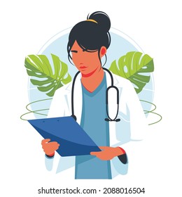 doctor examines the report of the disease. Medical checkup annual doctor health test appointment tiny person concept. Preventive examination. Patient consults hospital specialist. Vector illustration