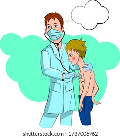A doctor examines a sick teenager with a stethoscope. Vector illustration