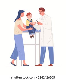 Doctor examines skin on child's hand. Diagnosis and consultation of pediatric dermatologist. Baby with his mother at appointment with pediatrician, allergist. Vector illustration flat cartoon isolated