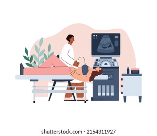 Doctor Examines Stomach And Abdominal Of Woman Patient, Flat Vector Illustration On White Background. Gynecologist Or Gastroenterologist Checks Patient With Ultrasonography.